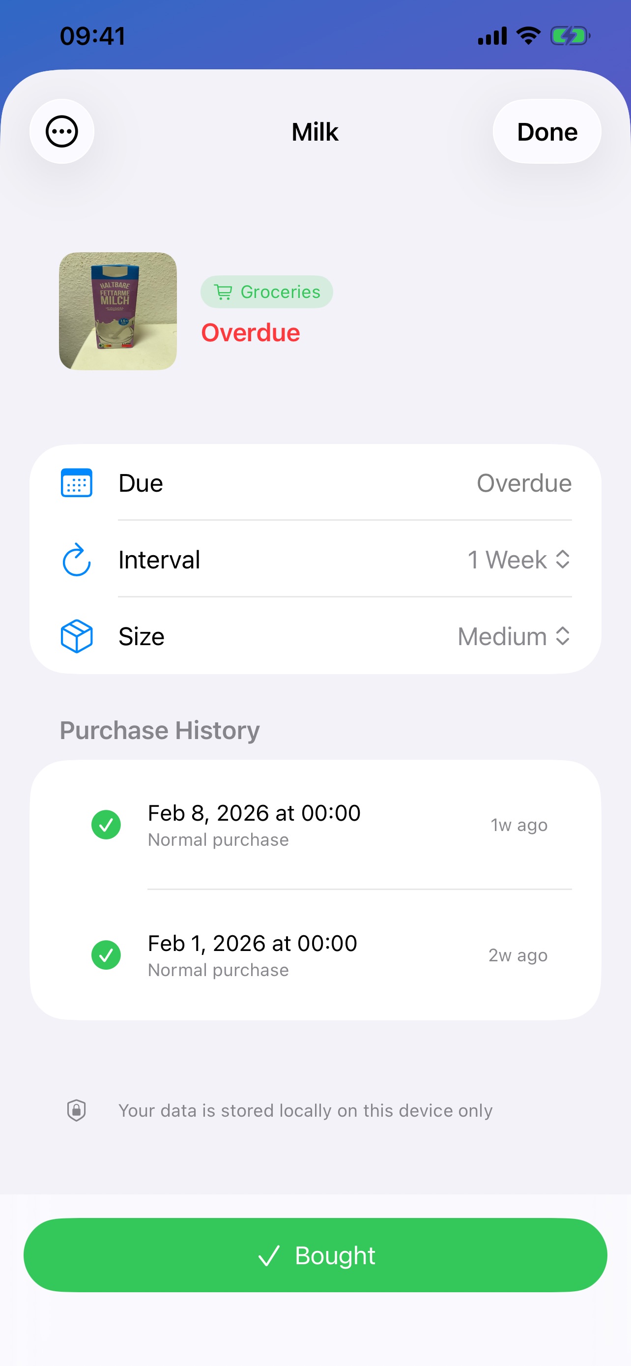SoonEmpty item detail view with replenishment history