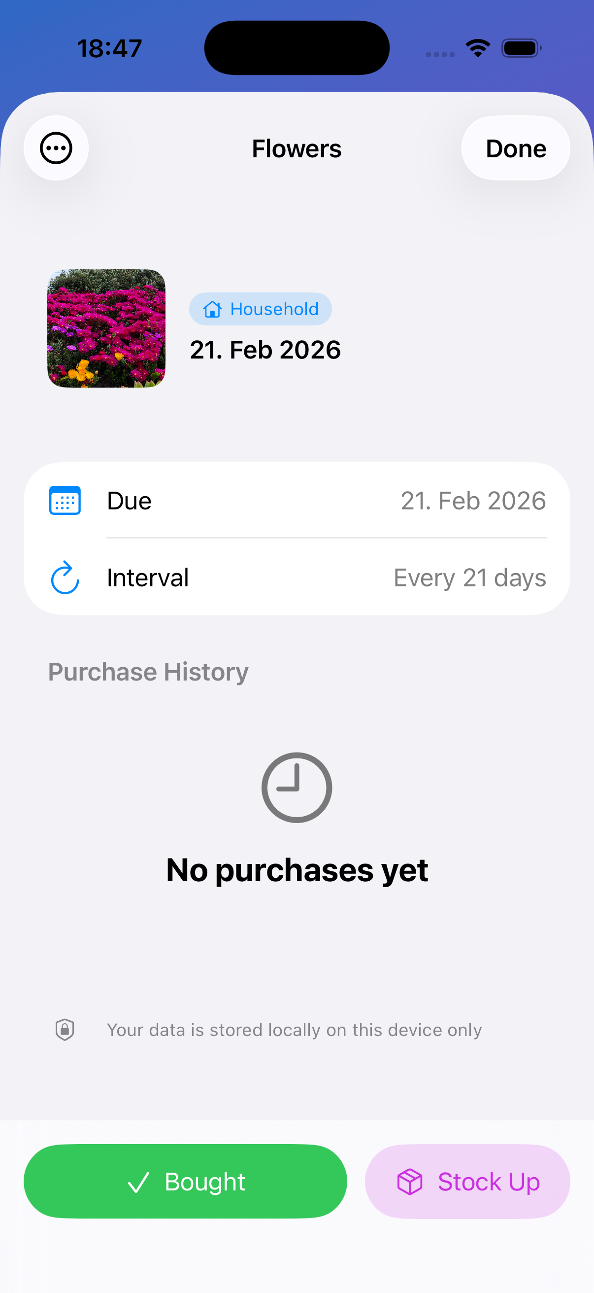 SoonEmpty item detail view with replenishment history
