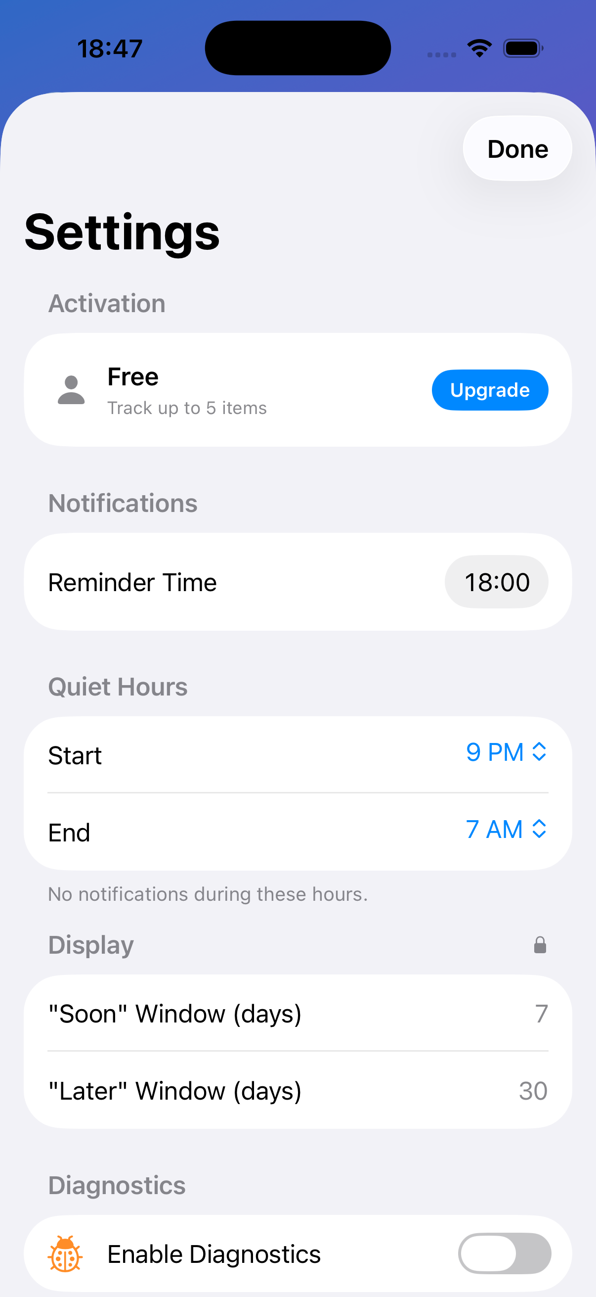 SoonEmpty settings and preferences