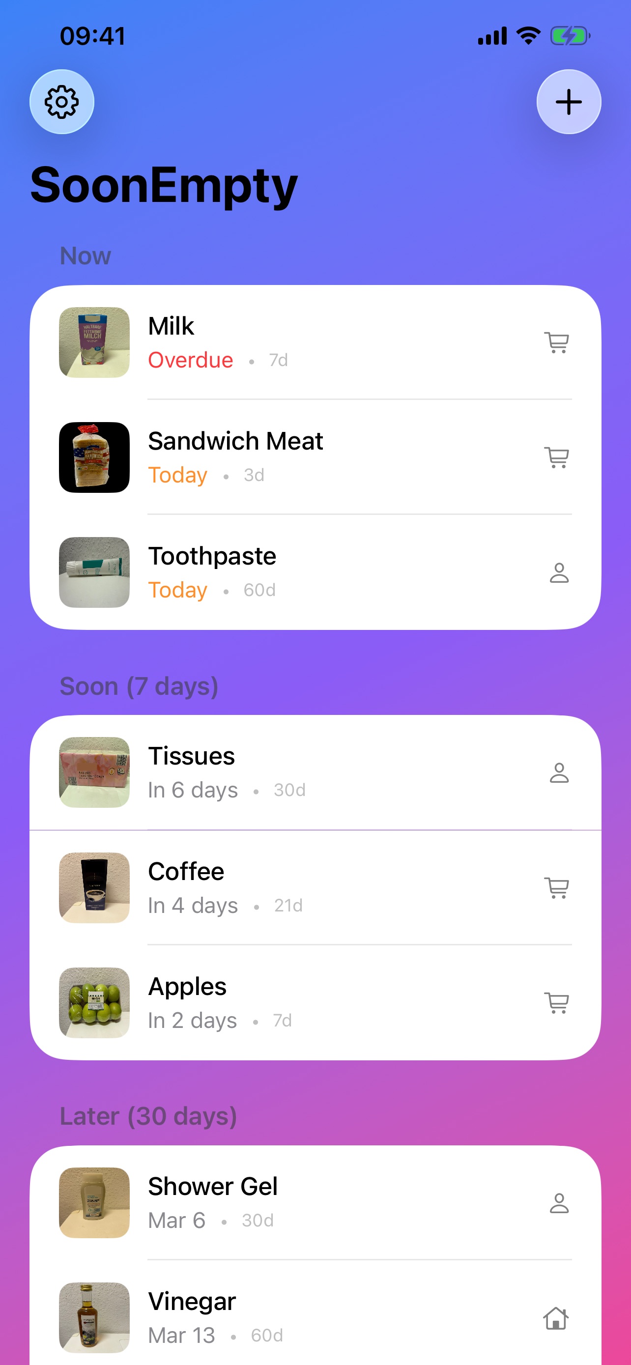 SoonEmpty main view showing items organized by urgency